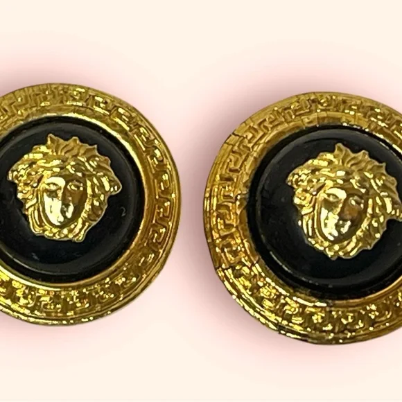 Gianni Versace Medusa Logo Vintage Clip On Earrings Black & Gold Tone - Picture 2 of 7